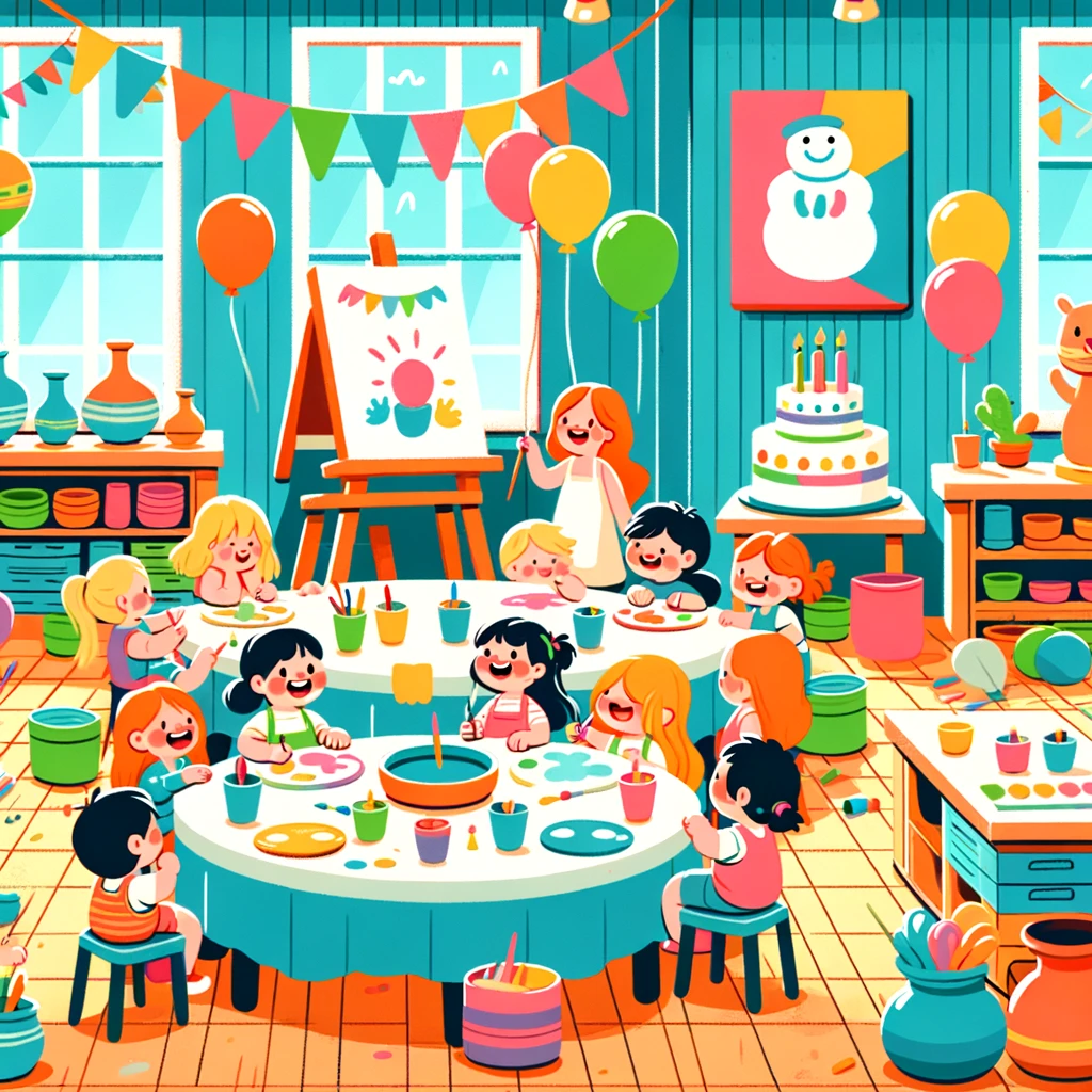 DALL·E 2024-02-16 17.22.39 - A vibrant, simplistic cartoon scene of a children's birthday party in an art studio. The room is filled with laughter and joy as kids gather around a