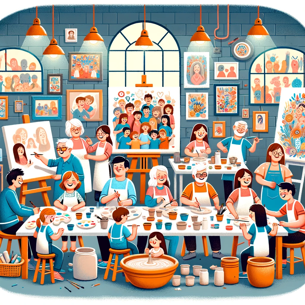 DALL·E 2024-02-16 17.22.46 - A heartwarming, simplistic cartoon scene of a family reunion in an art studio. The studio is bustling with family members of all ages, engaging in var