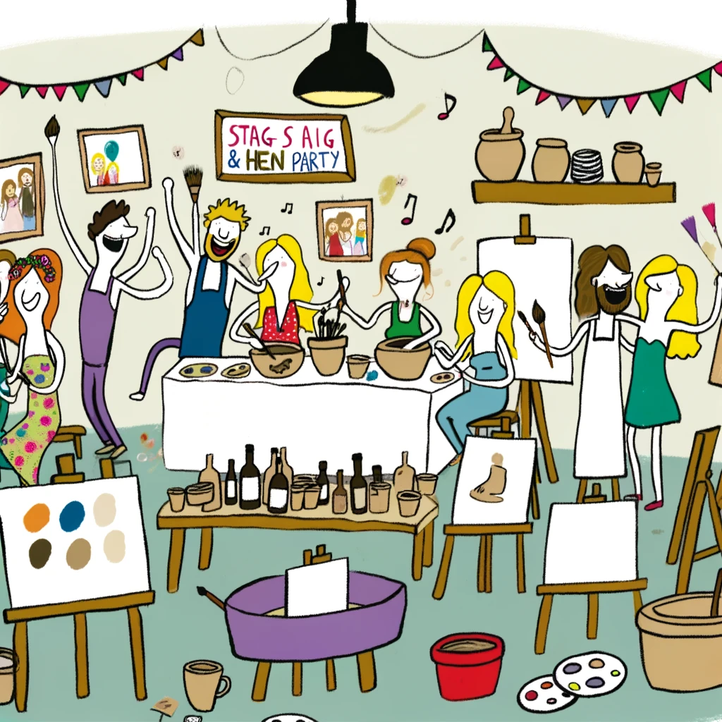 DALL·E 2024-02-16 17.23.45 - A lively, simplistic cartoon scene of a stag and hen party in an art studio. The atmosphere is festive and full of energy, with a group of friends gat