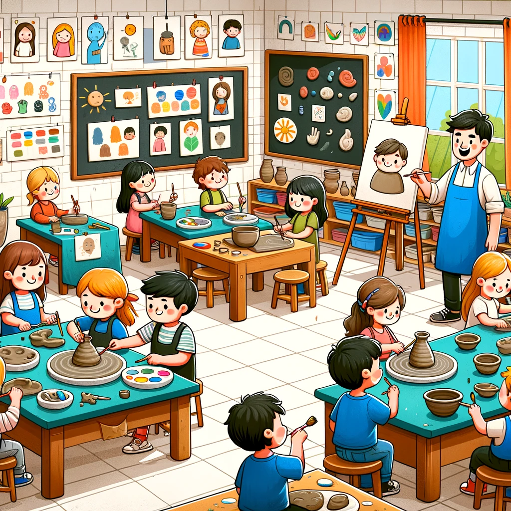 DALL·E 2024-02-16 17.23.49 - An educational, simplistic cartoon scene of a class trip to an art studio. The studio is lively and filled with students exploring various art forms.