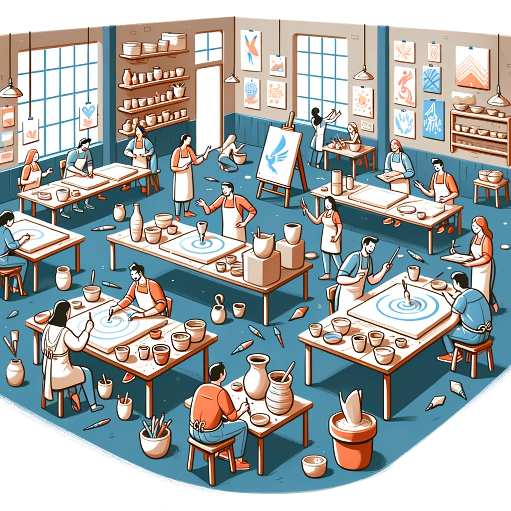 DALL·E 2024-02-16 17.24.30 - A collaborative, simplistic cartoon scene of a team building event in an art studio. The room is filled with energy and laughter as colleagues partici