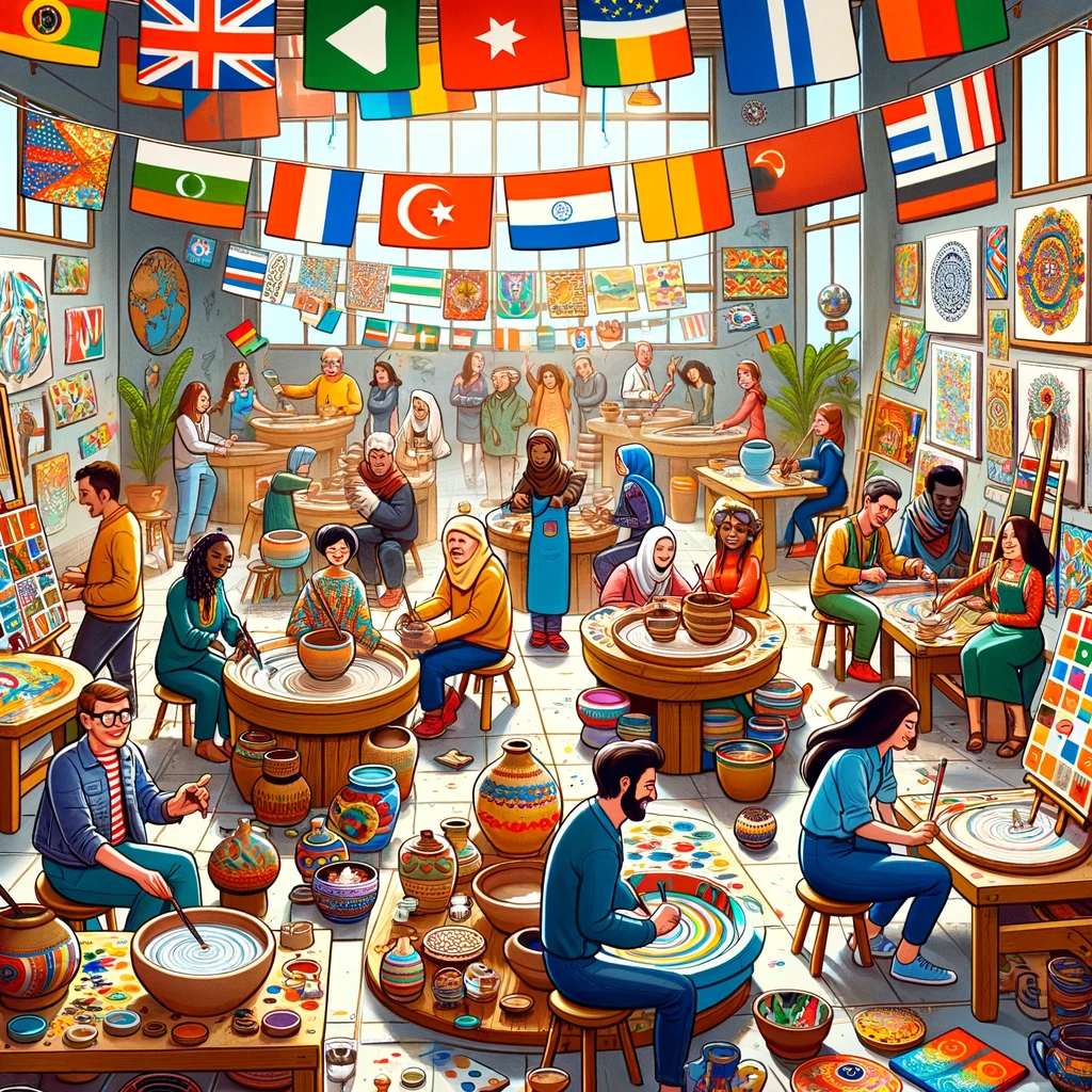 DALL·E 2024-02-16 17.37.56 - A vibrant, inclusive cartoon scene of an international community gathering in an art studio for a cultural exchange event. The studio is bustling with